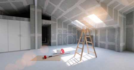 Room in renovation in the attic of a house for relocation with paint bucket and  Flattened drywall walls