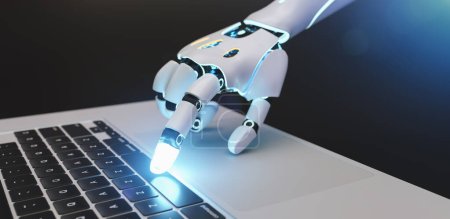 Foto de Robot futurista escribiendo a mano y trabajando con teclado portátil. Brazo mecánico con ordenador
. - Imagen libre de derechos
