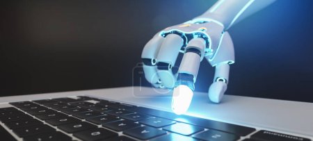 Robotic cyborg hand pressing a keyboard on a laptop 