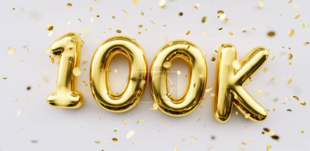100k followers celebration. Social media achievement poster. 100k followers thank you lettering. Golden sparkling confetti ribbons. Gratitude text on white background.