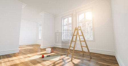 Renoviertes Zimmer in eleganter Wohnung für Umzug mit Farbeimer