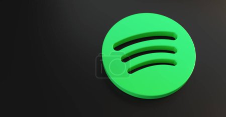 Photo for BERLIN, GERMANY JUNE 2021: Spotify logo for web sites, mobile applications, banners, printed on dark black plastic background. Spotify is an online streaming audio service. - Royalty Free Image