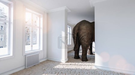 Großer Elefant von hinten in einem kleinen Raum mit Sand am Boden als lustiges Raumproblem-Konzeptbild