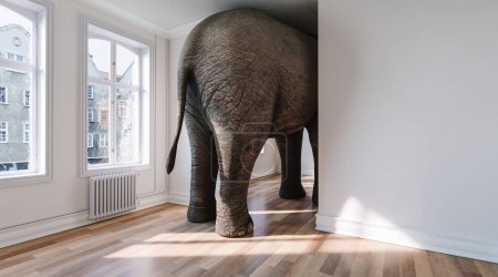 Großer Elefant von hinten in Wohnung als lustiger Platzmangel und Haustier-Konzeptbild