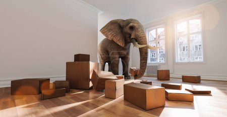 Téléchargez les photos : Éléphant avec des boîtes mobiles lors du déplacement dans la pièce comme un drôle de concept de problème d'espace - en image libre de droit