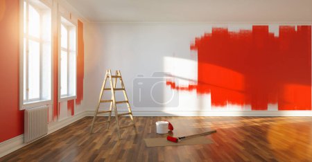 Téléchargez les photos : Peinture murale rouge dans la pièce de l'appartement après le déménagement avec échelle et seau de peinture - en image libre de droit