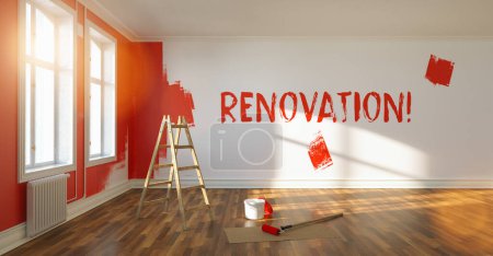 Foto de Renovierung (en alemán: renovación de una habitación) escrito en la pared con pintura fresca, pintura de la pared roja en la habitación de un apartamento después de la reubicación, con escalera y cubo de pintura - Imagen libre de derechos