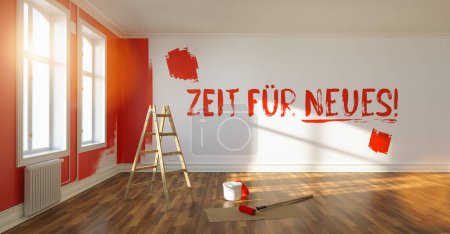 Photo for Zeit fr neues (German slogan for:(Time for something new ) written on wall with fresh paint, Painting wall red in room of a apartmen with ladder and paint bucket as change for somthing new, concept - Royalty Free Image