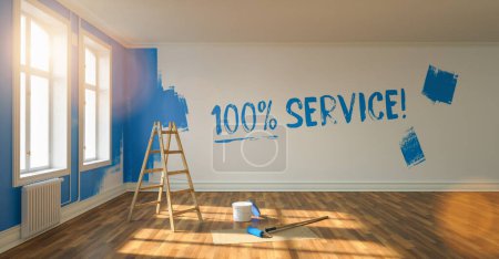 Photo for 100% service written on wall with blue paint during renovation, with ladder and paint bucket - Royalty Free Image