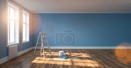 Wohnzimmer in Renovierung mit Leiter und Farbeimer. Leere blaue Wand, Bannergröße, mit Copyspace für Ihren individuellen Text.