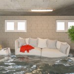 Water damager after flooding in basement with furniture floating 
