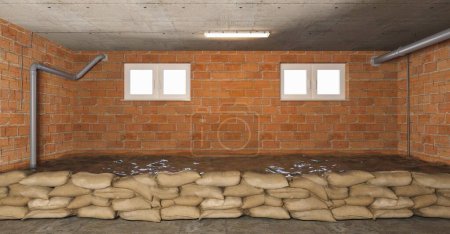 Sandbag dique como protección contra inundaciones en el sótano inundado