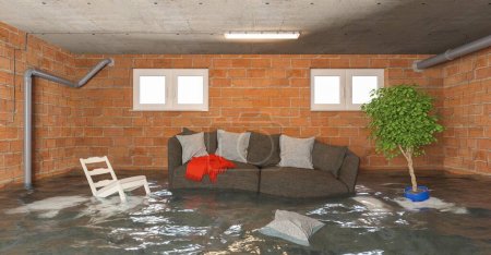 Dañador de agua después de la inundación en el sótano con sofá flotante y muebles