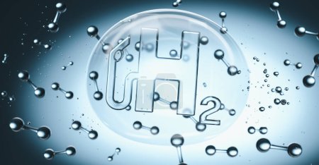 Photo for H2 Hydrogen gas pump symbol in a bubble in liquid with molecules - Royalty Free Image