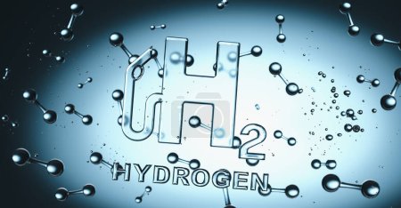 Foto de Bomba de gas H2 de hidrógeno Símbolo con moléculas de hidrógeno flotando en licuq - imagen concepto de energía limpia - Imagen libre de derechos