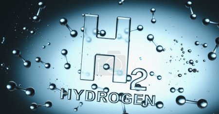 Wasserstoff-H2-Symbol mit in Flüssigkeit schwimmenden Wasserstoffmolekülen - Bild eines Konzepts für saubere Energie