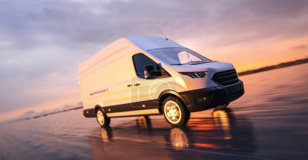 Téléchargez les photos : Le fourgon de livraison ou le camion d'une entreprise de transport conduit un fret sur la route au coucher du soleil - en image libre de droit
