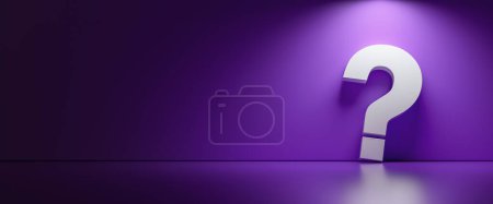 Téléchargez les photos : Point d'interrogation blanc sur fond violet foncé avec espace de copie vide sur le côté gauche, FAQ Image conceptuelle - en image libre de droit