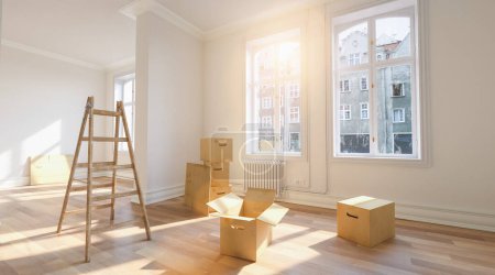 Déménagement avec boîtes mobiles dans une pièce avec une échelle en bois une lumière du soleil