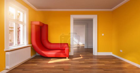 Foto de Ahorro de espacio en una habitación pequeña con sofá rojo doblado en una pared amarilla - Imagen libre de derechos
