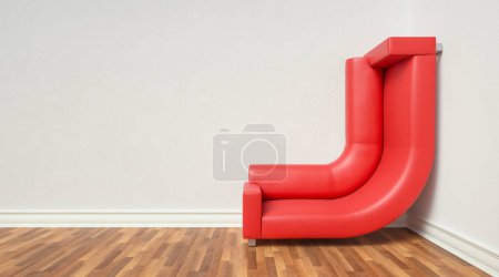 Foto de Sofá rojo doblado en un rincón de una pequeña habitación que sube por la pared con mucho, con espacio de copia para su texto individual. - Imagen libre de derechos