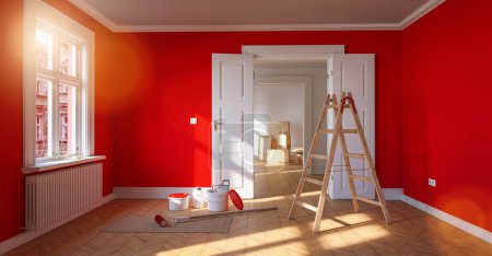 Rénovation et modernisation dans une pièce avec mur rouge et échelle et seau à peinture