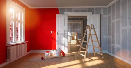 Téléchargez les photos : Peinture murale rouge dans la chambre avant et après la restauration ou la rénovation - en image libre de droit