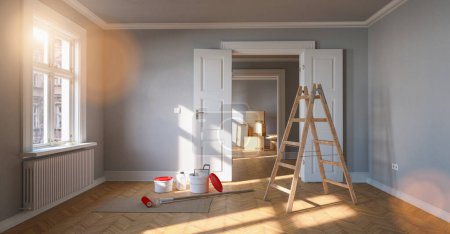 Photo for Renovation and modernization in a room with ladder and paint bucket - Royalty Free Image