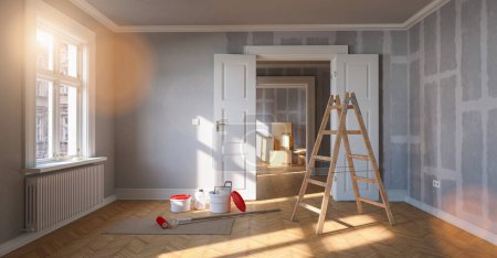 Wandfarbe grau im Raum vor und nach der Restaurierung oder Sanierung