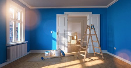 Téléchargez les photos : Rénovation et modernisation dans une pièce avec mur bleu et échelle et seau à peinture - en image libre de droit
