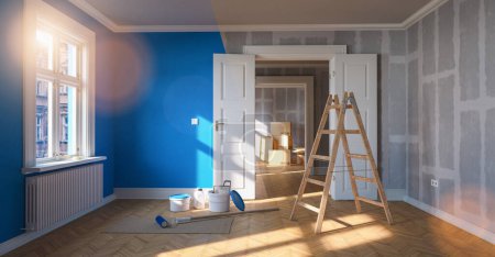 Photo for Painting wall blue in room before and after restoration or refurbishment - Royalty Free Image