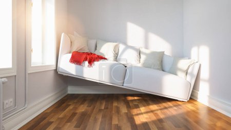 Photo for Small narrow living room with space problems and a sofa with red scarf between walls - Royalty Free Image