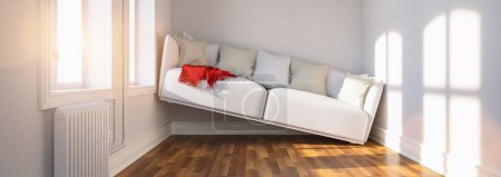 Foto de Pequeño salón estrecho con problemas de espacio y un sofá entre paredes, tamaño de la pancarta - Imagen libre de derechos