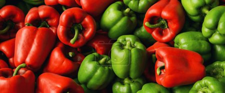 Photo for Pile heap stack different paprika peppers bells at farmers market grocery stand - Royalty Free Image