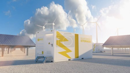 Foto de Moderno sistema de almacenamiento de energía de la batería con turbinas eólicas y centrales eléctricas de panel solar en segundo plano - Imagen libre de derechos