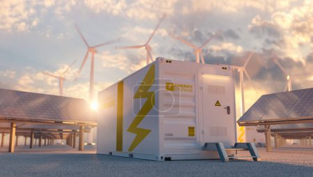 Photo for Modern battery energy storage system with wind turbines and solar panel power plants in background at sunset - Royalty Free Image