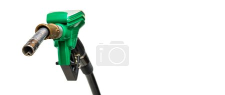 Gas nozzle. Green gasoline nozzle isolated on white background. Refill and filling Oil Gas Fuel on white background. Gas station, refueling or fill the machine with fuel.
