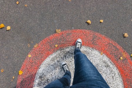Photo for Feet From Above Concept, Teenage Person in  Sneakers Standing on the street in a circle, Blank Copy Space in Front, Point of view shot - Royalty Free Image