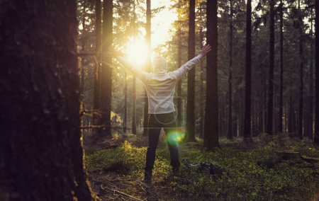Téléchargez les photos : Homme priant au coucher du soleil dans les bois profonds mains levées - en image libre de droit