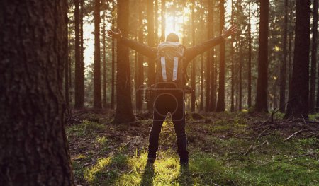 Téléchargez les photos : Voyageur homme se détendre seul dans la forêt au coucher du soleil avec les mains levées - Image concept Lifestyle - en image libre de droit
