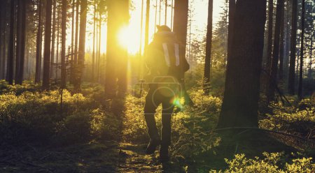 Téléchargez les photos : Voyageur homme marchant seulementdans les bois- Voyage Lifestyle concept émotionnel - en image libre de droit