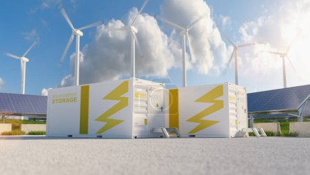 Téléchargez les photos : Système moderne de stockage d'énergie par batterie avec des éoliennes et des centrales solaires en arrière-plan. Nouveau concept énergétique image - en image libre de droit
