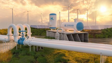 Wasserstoff-Gas-Pipeline Produktion erneuerbarer Energien - Wasserstoff für sauberen Strom Solar- und Windkraftanlage bei Sonnenuntergang Konzeptbild