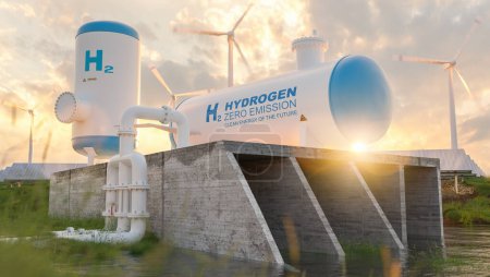 Hydrogen renewable energy production - hydrogen gas pipeline for clean electricity solar and windturbine facility Concept image