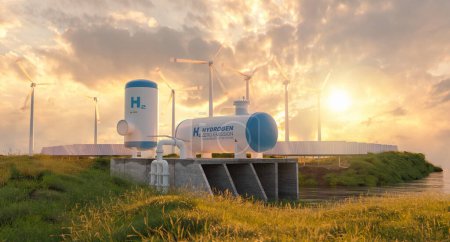 Foto de Hidrógeno Producción de energía renovable en tanques de gas: gasoducto de hidrógeno para instalaciones solares y eólicas de electricidad limpia - Imagen libre de derechos