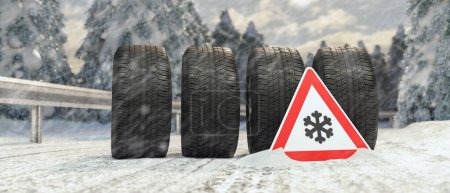 Photo for Winter tires change - Beware winter is coming with road signn - Royalty Free Image