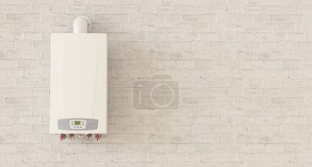 Photo for Gas boiler on the wall in the basement of a house, with copyspace for your individual text. - Royalty Free Image
