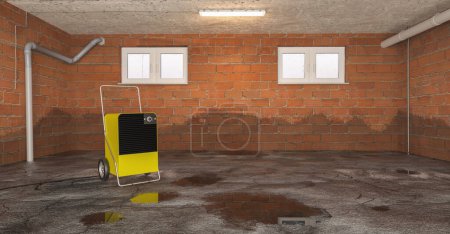 Photo for Mold after water damage due flood in the basement with a dryer to remove the moisture - Royalty Free Image