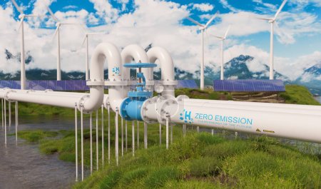 Hydrogen Zero Emission pipeline with wind turbines and solar panel power plants in the background. Hydrogen energy storage concept image