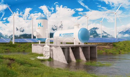 Téléchargez les photos : Production d'énergie renouvelable à partir de l'hydrogène - production d'hydrogène gazeux pour l'électricité propre installation solaire et éolienne sur une rivière - en image libre de droit